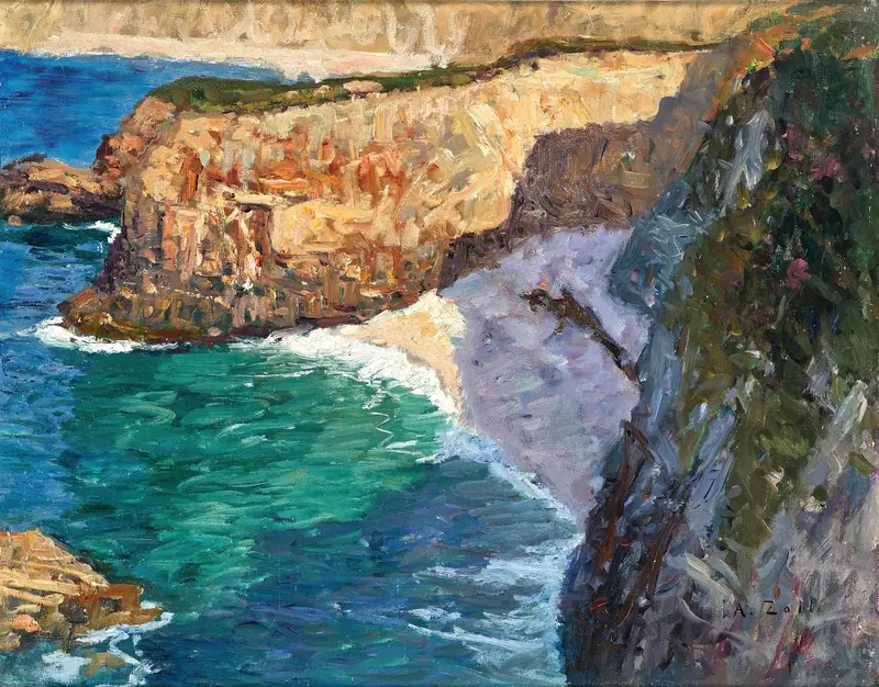 Marine scene with turbulent sea and coastline by Alfred Zoff, oil painting