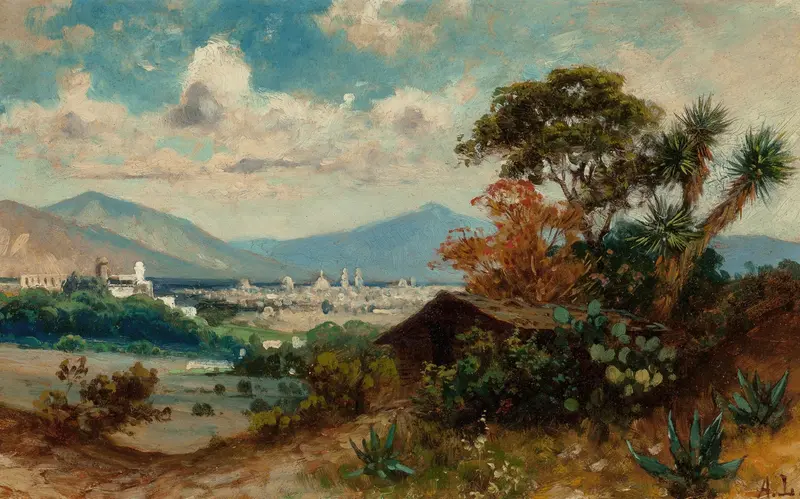 Landscape in vibrant turquoise and terracotta by August Löhr, oil painting