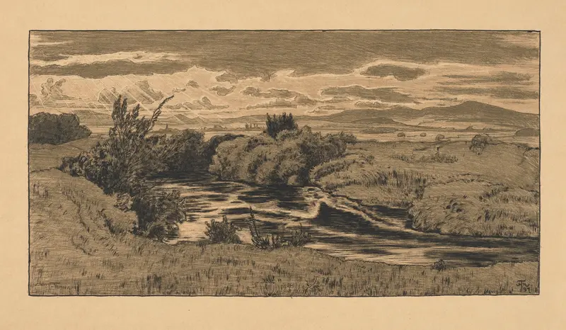 Evening by the Nidda River, oil on canvas by Hans Thoma, depicting a tranquil riverbank at dusk.