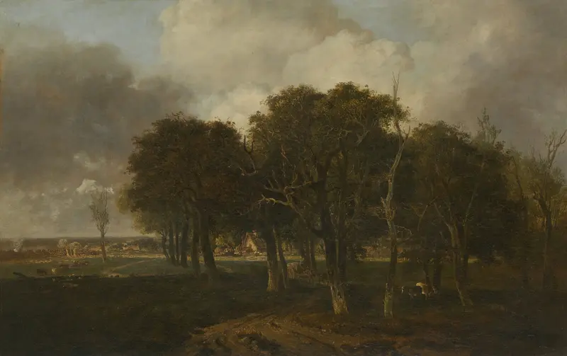 Oil painting by John Crome depicting twilight over a forest