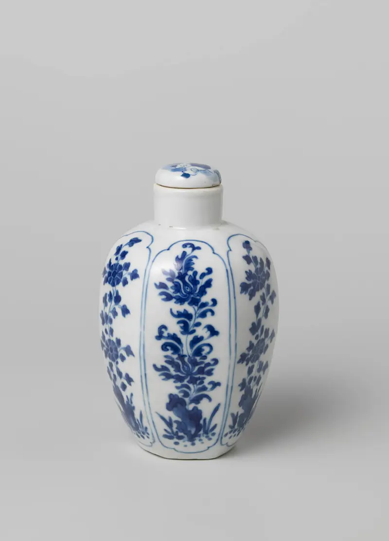 Ovoid covered jar with floral panels, ceramic, unknown artist