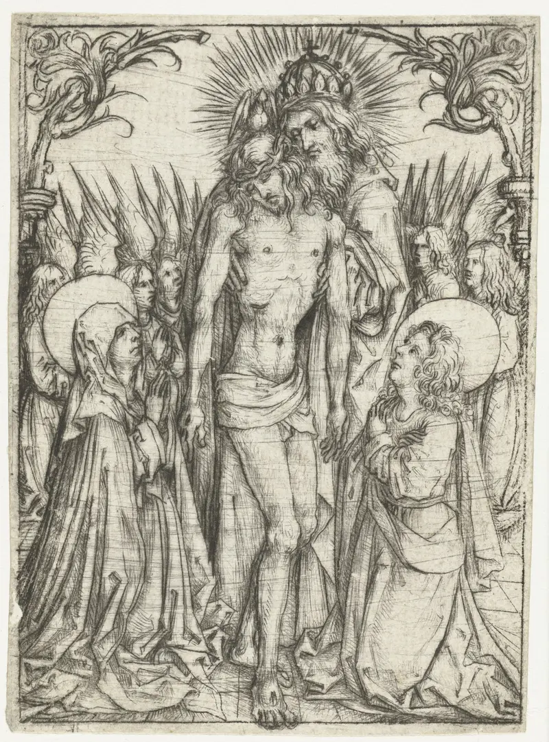 Drypoint by Meester van het Amsterdamse Kabinet depicting the Holy Trinity with Mary and the Evangelist