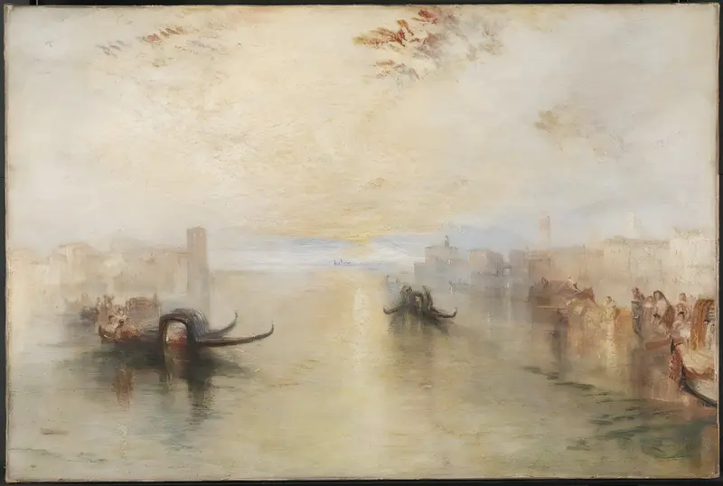 Two gondolas glide on a wide canal with pale buildings and a glowing sky above, rendered in fluid, impressionistic brushwork.