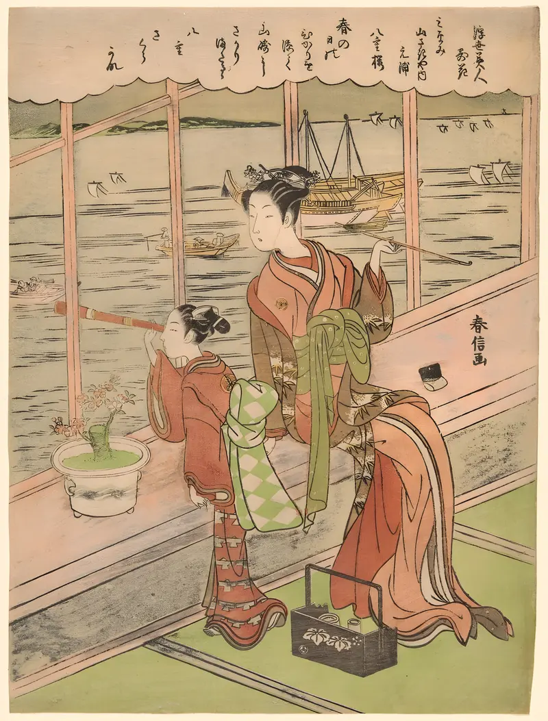Woodblock print by Suzuki Harunobu featuring a woman in kimono among cherry blossoms.