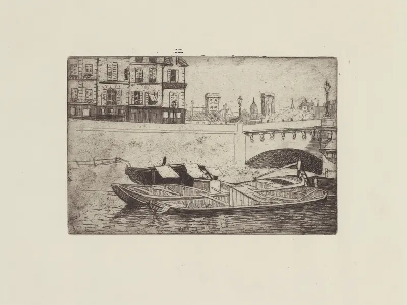 Péniches au Pont-Neuf by Félix Vallotton, oil painting depicting boats on the Seine with Pont-Neuf in the background.