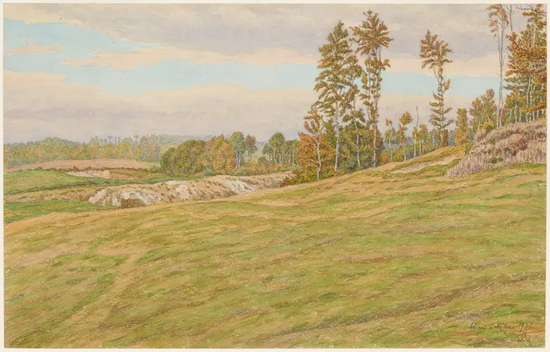 Watercolour on paper by Henri Rivière featuring trees against a gradient sky.