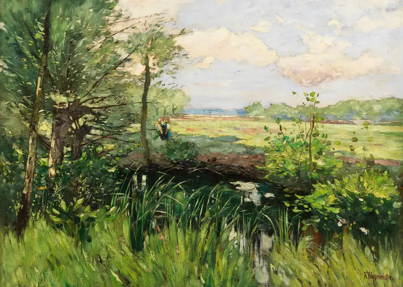 Oil painting by Karl Hagemeister depicting a serene lake in spring.