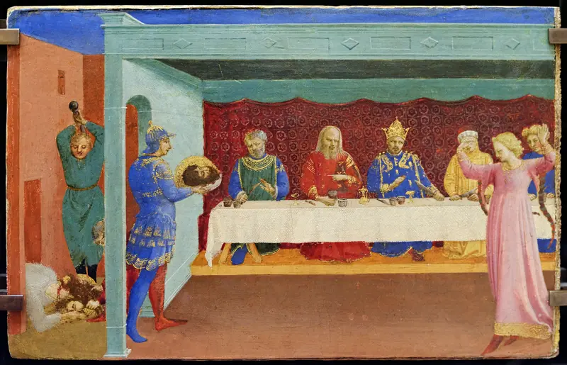Fra Angelico's 'Beheading of St. John the Baptist and Herod's Banquet' depicts the martyrdom of John juxtaposed with Herod's feast.