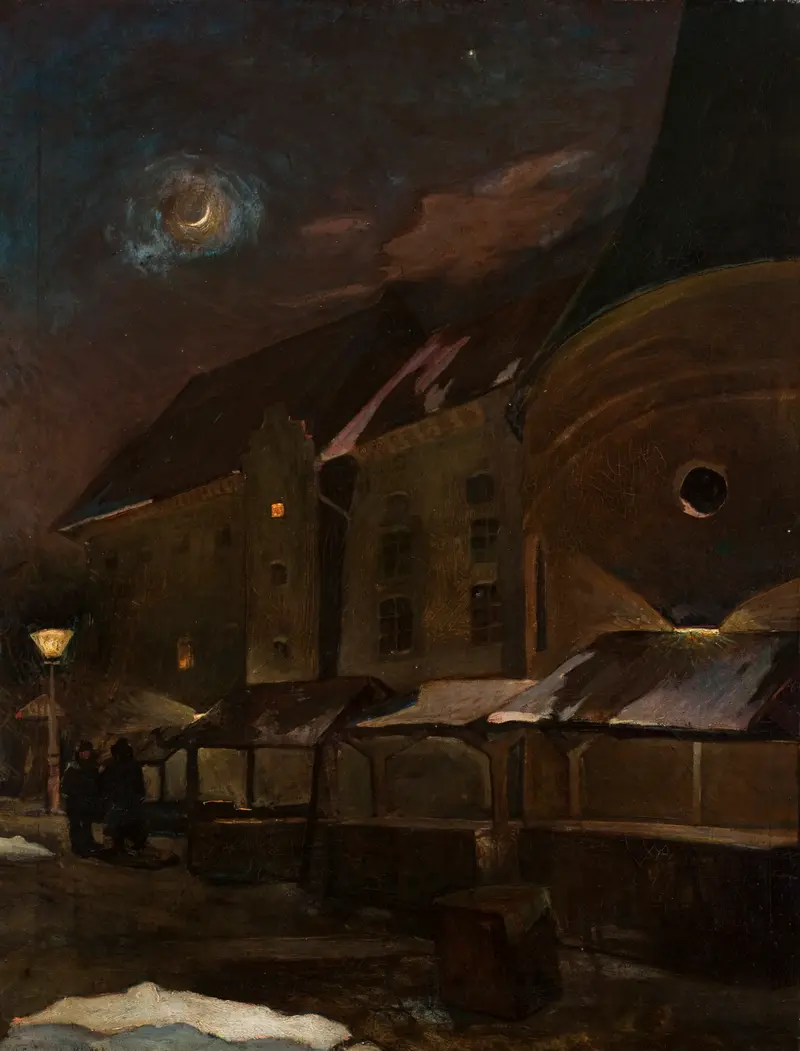 Small Market Square in Krakow at Night, impressionism by Henryk Szczygliński