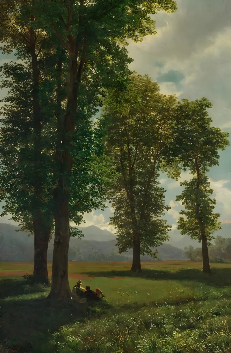 Landscape of a sunny meadow by Robert Zünd, oil painting