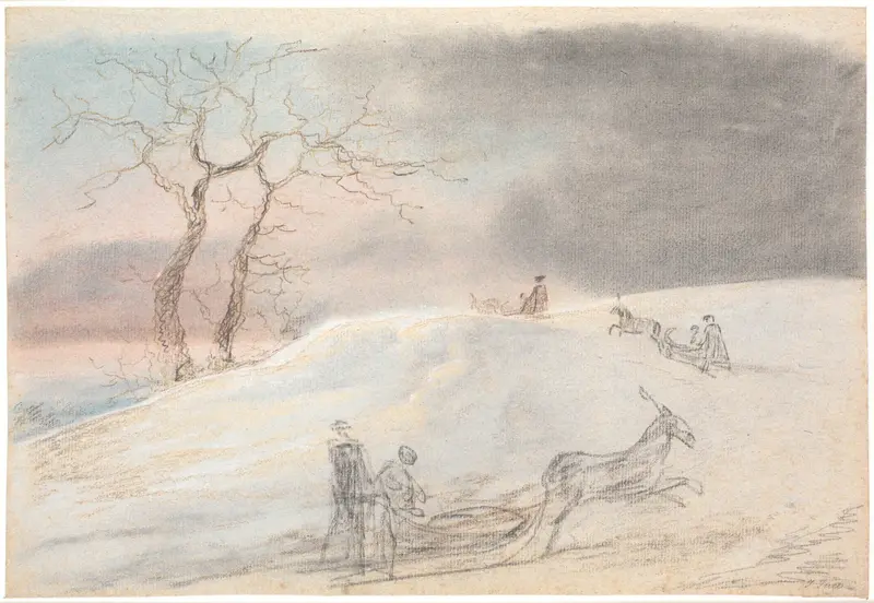 Winter landscape with a sleigh in a frost-kissed scene, oil painting by Jens Juel.