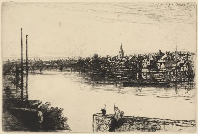 Engraving by Francis Seymour Haden depicting a serene river landscape with trees at twilight
