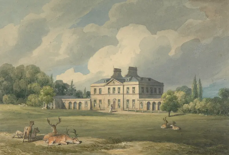 Addington Place, Surrey by John Preston Neale, oil on canvas depicting a stately home and gardens