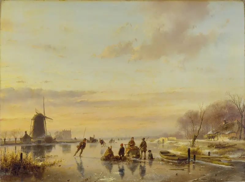 Winter in Holland by Andreas Schelfhout, oil painting of a frozen river landscape with sunlight.