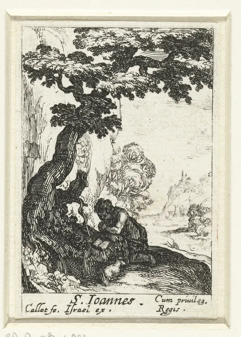 Etching by Jacques Callot depicting John the Baptist in tattered robes
