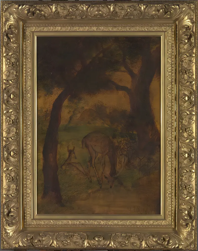 A stag drinking from a dark, glassy pool in a shadowy forest.