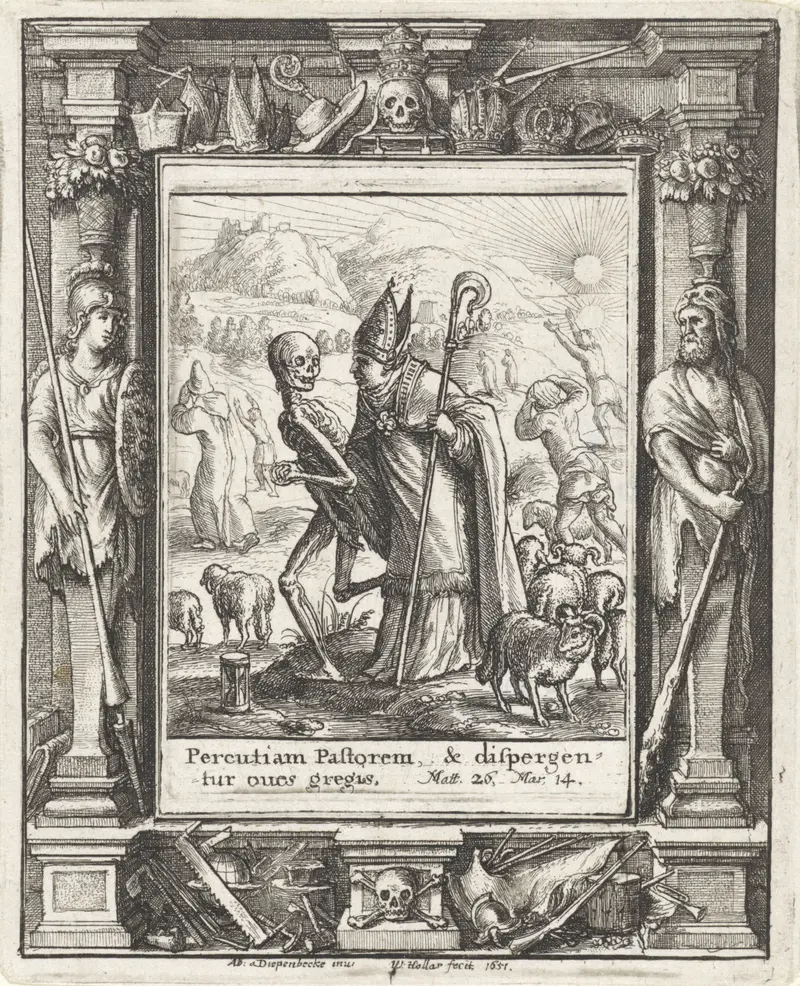 Etching by Wenceslaus Hollar depicting a bishop in prayer within a somber scene.