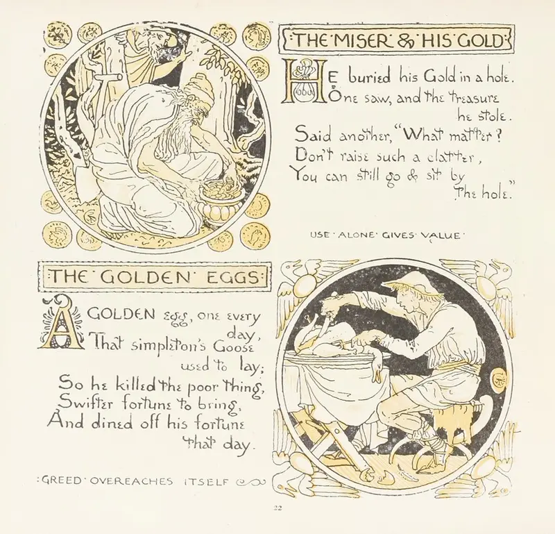 Walter Crane's painting depicts a miser hoarding his gold and golden eggs.