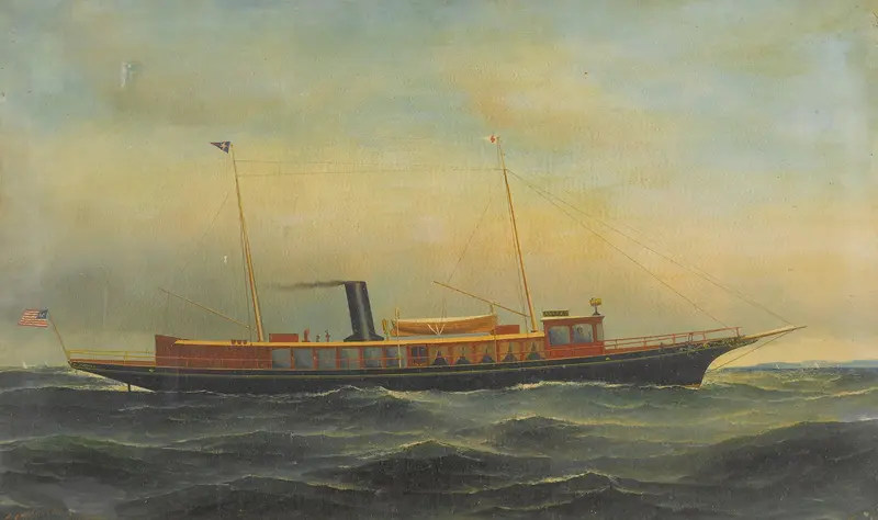 The Yacht ‘Aztec’ by Antonio Jacobsen, oil on canvas, depicts a yacht sailing on the ocean.