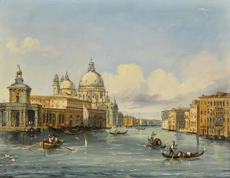 Venetian View IV by Carlo Grubacs, oil painting depicting a landscape with water and a dramatic sky.