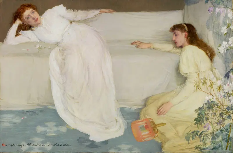 Two women in white dresses are depicted in a quiet moment, one reclining and the other seated, surrounded by delicate flowers.