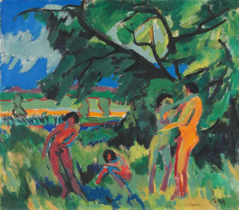 A vibrant scene with naked figures amidst colorful foliage, expressing movement and energy.