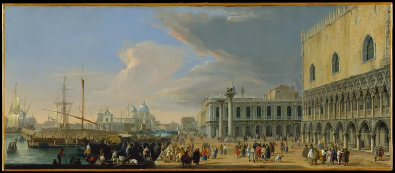 The Molo, Venice, Looking West by Luca Carlevarijs, oil on canvas