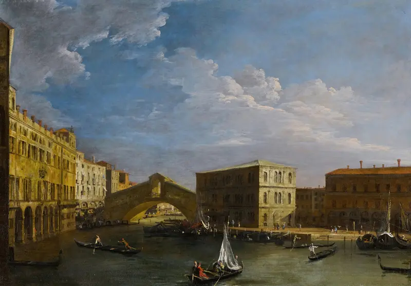 Rococo architecture of the Rialto Bridge over the Grand Canal by Canaletto, oil painting
