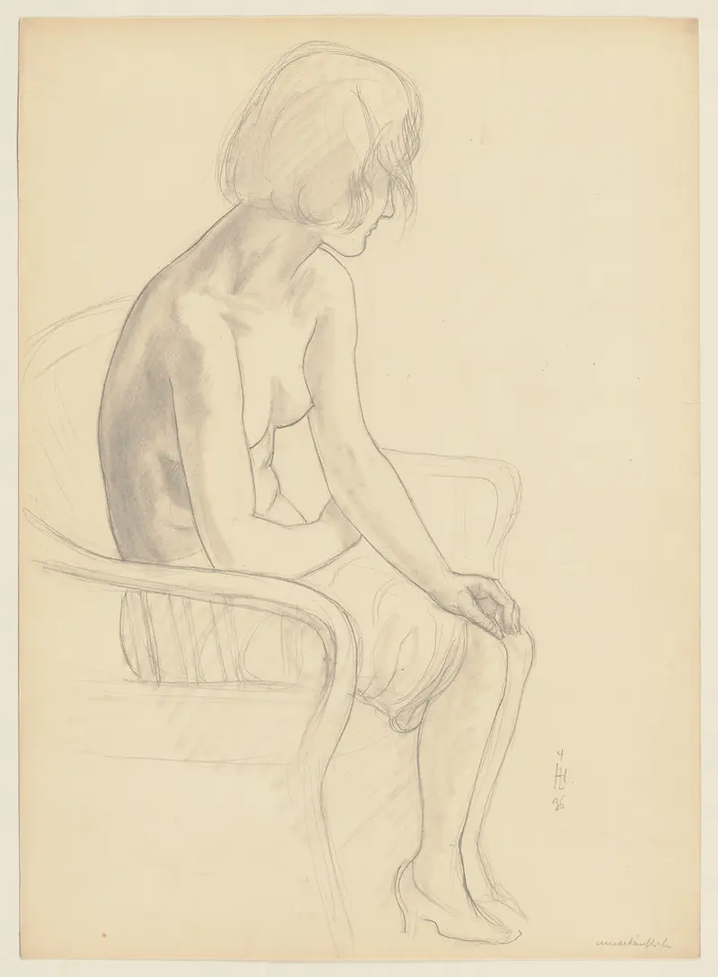 A seated female nude figure on a chair.