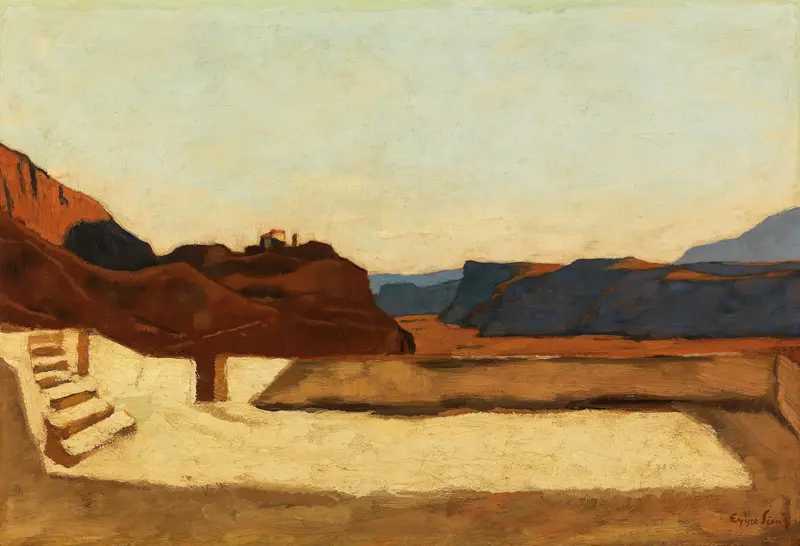 Landscape of Kalvarienberg bei Bozen by Albin Egger Lienz, oil painting depicting mountains and twilight sky.