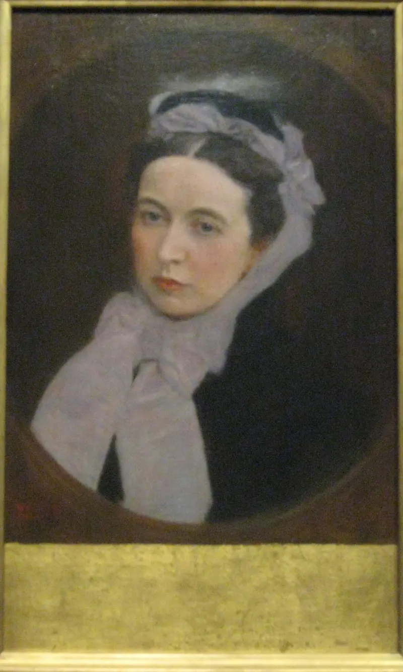 A woman in a purple scarf poses gracefully, surrounded by intricate patterns.