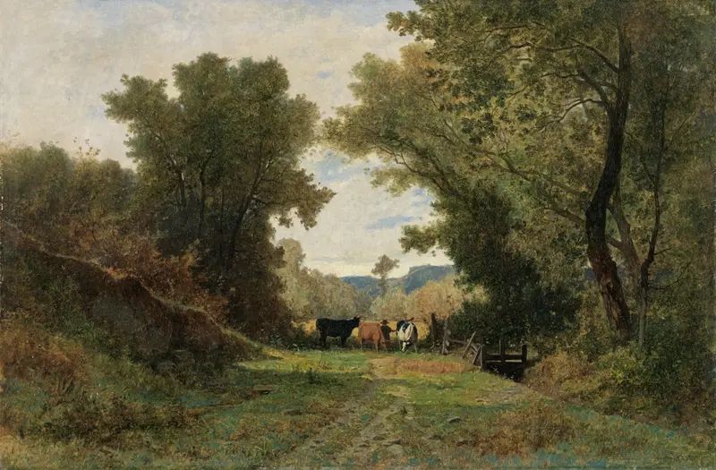 Landscape with Shepherd and Cattle by Gustave Castan, oil painting of a shepherd with cattle in a pastoral setting