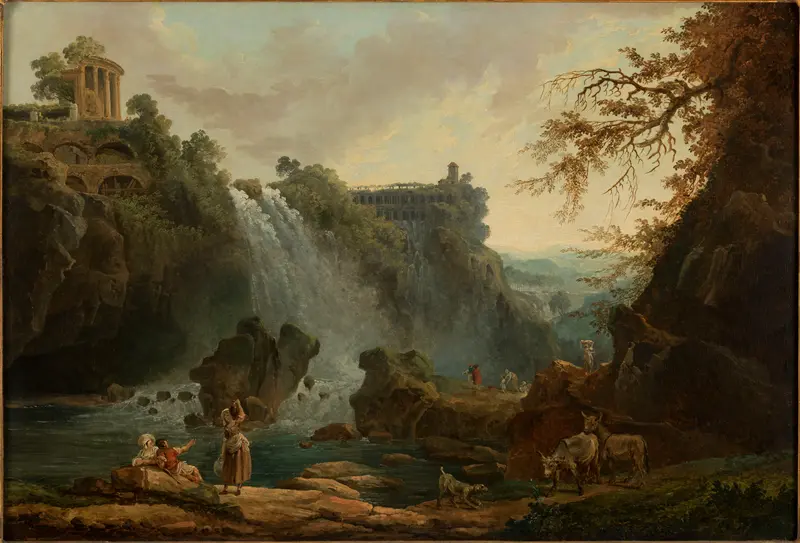 Les Cascatelles de Tivoli by Hubert Robert, oil on canvas depicting a waterfall and ancient ruins.
