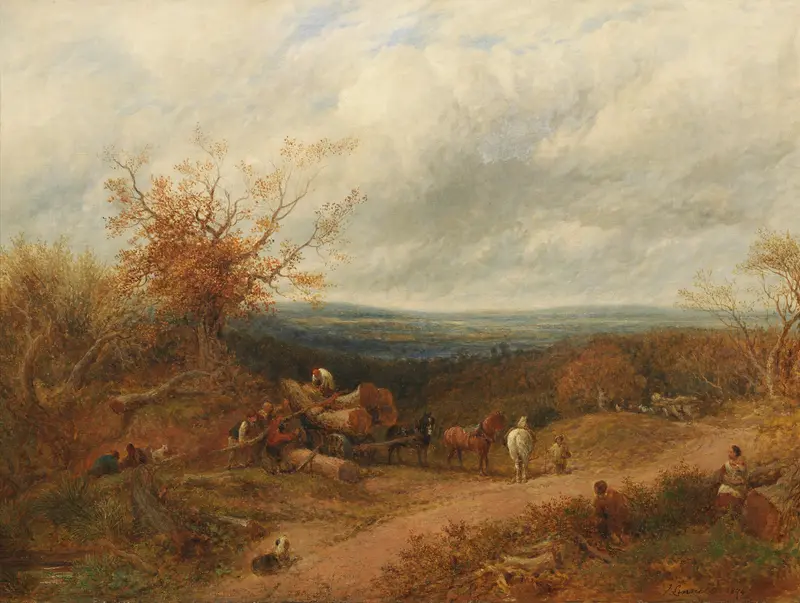 Woodcutters by John Linnell, 1874, depicting laborers in a forest, woodcutting, oil painting.