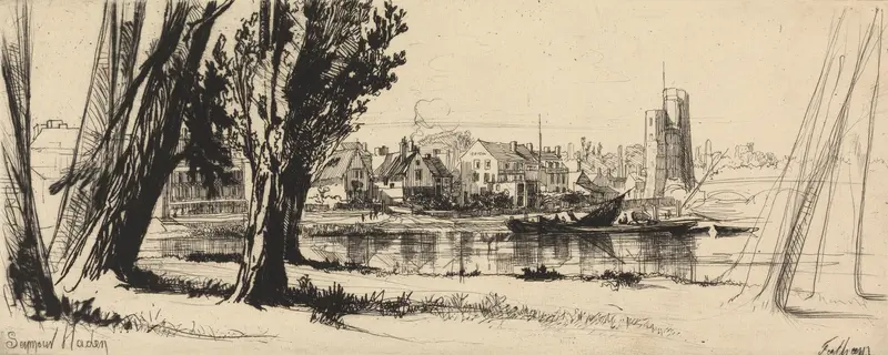 Engraving of Fulham by Francis Seymour Haden depicting the Thames, village, and water reflections.