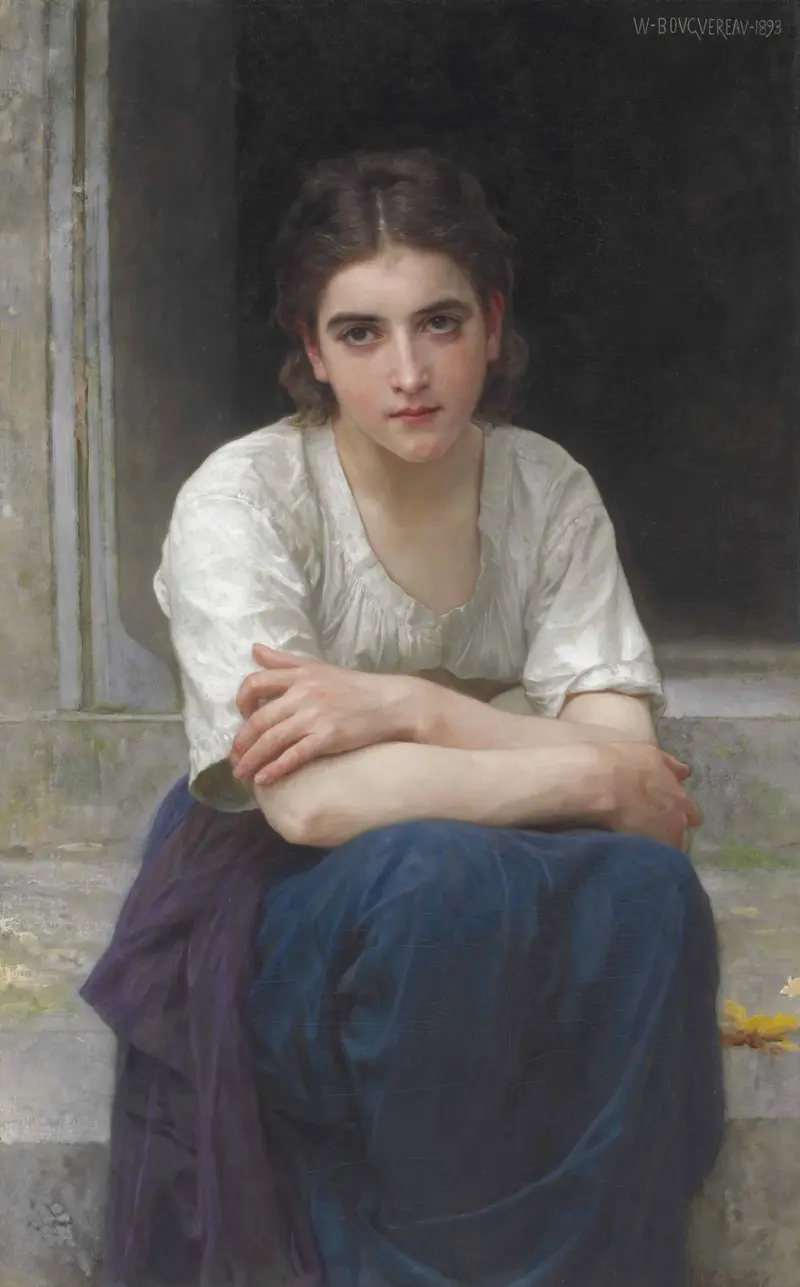 A serene painting by William Bouguereau depicting a young woman in a contemplative pose.