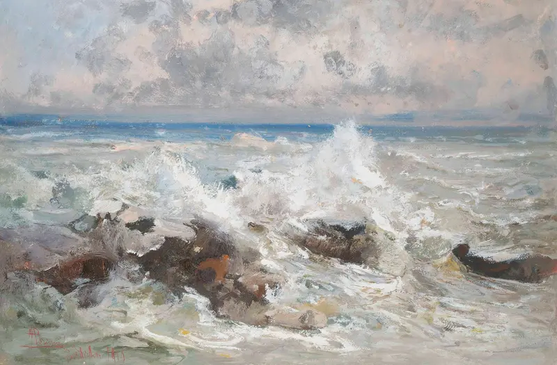 Waves crashing on the rocks at Bordighera, oil painting by Pompeo Mariani