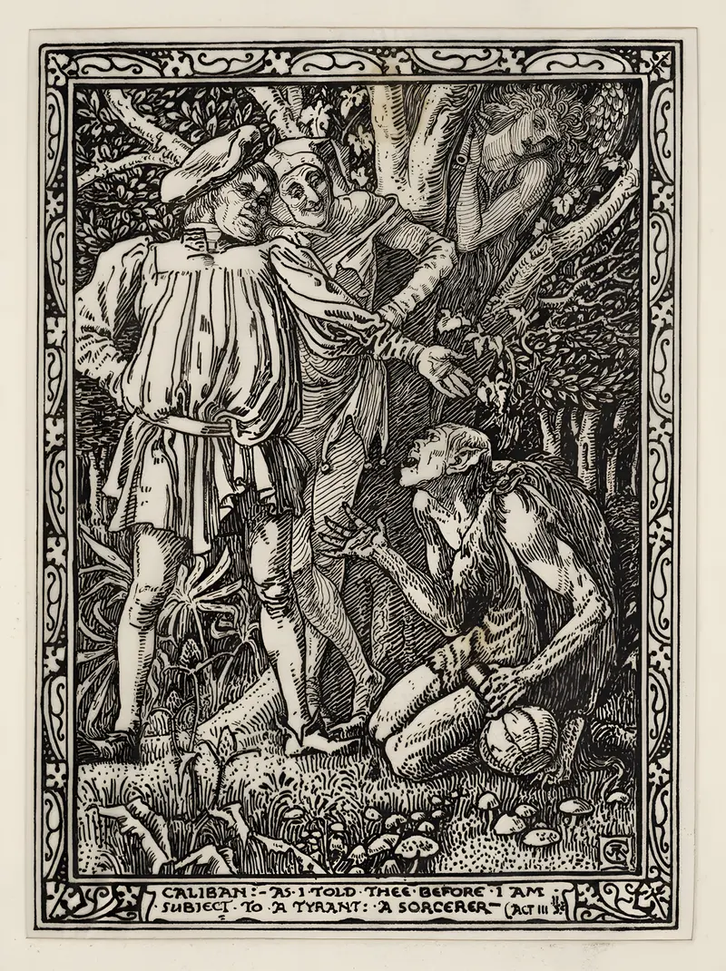 Walter Crane's illustration to Shakespeare’s Tempest captures a scene from the play with vivid colors and intricate details.