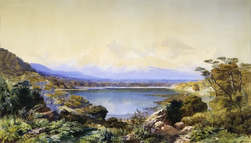 Mount Cook by John Gully, oil on canvas depicting a vibrant landscape with mountains and valleys.