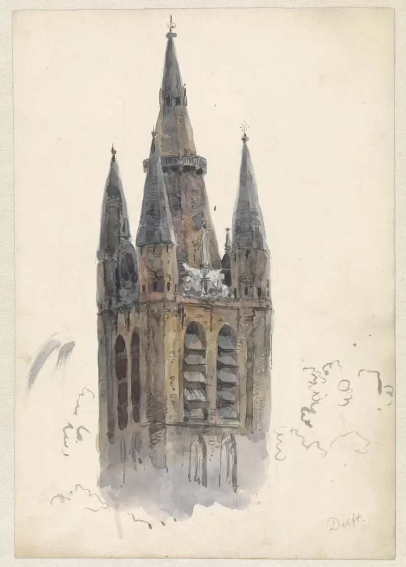 Kerktoren te Delft by Willem Anthonie van Deventer, oil on canvas depicting a church tower and village.