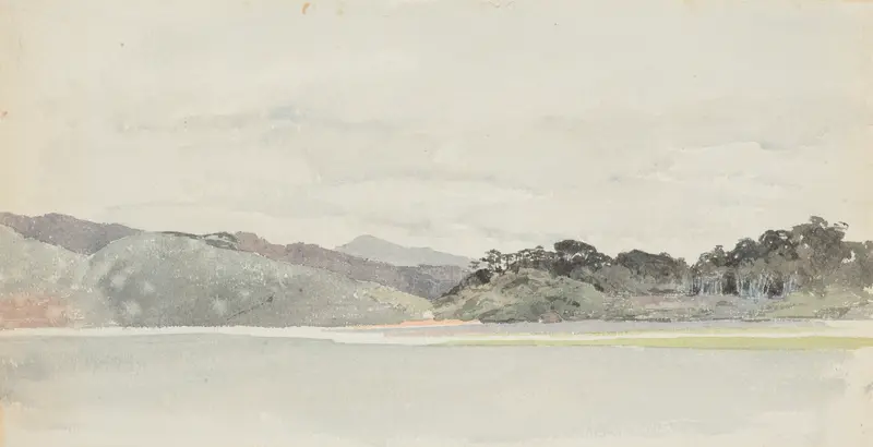 Landscape depicting West Wanganui with hills and a river, oil painting by James Crowe Richmond