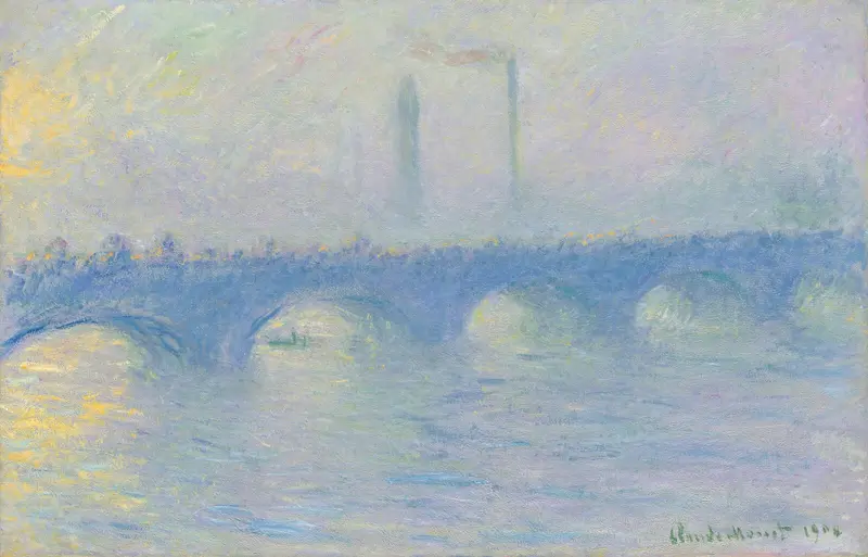 Waterloo Bridge, effet de brume by Claude Monet, oil on canvas depicting fog over the Thames.
