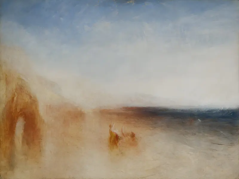 A luminous landscape with pale blue sky, warm ochre rocky outcrop, dark blue water, and faint reddish figures near a bull.