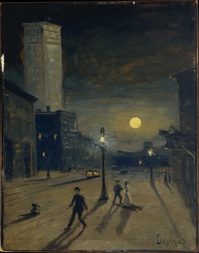 Oil on canvas by Louis Michel Eilshemius depicting a solitary figure under a streetlight.
