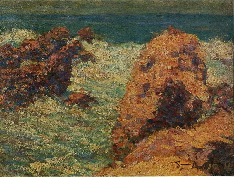 A dynamic seascape featuring swirling green waves crashing against ochre and rust-colored rocks.