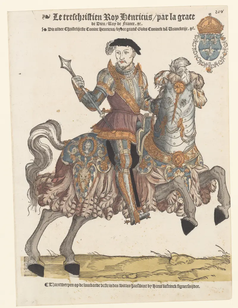Portrait of King Henry II of France in armor on horseback, oil painting by Hans Liefrinck