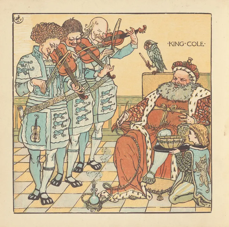 Walter Crane's 'King Cole' features a whimsical depiction of the legendary figure surrounded by vibrant colors.