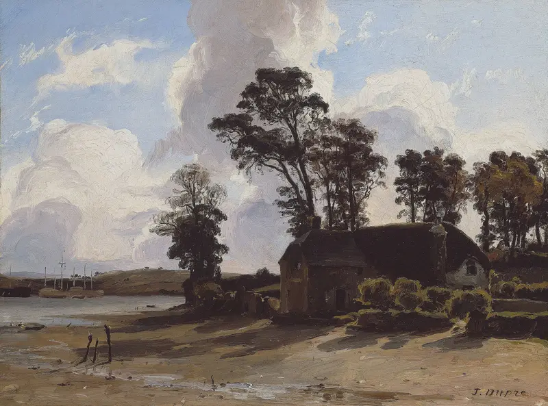 The Estuary Farm by Jules Dupré, oil on canvas, serene landscape with estuary and horizon.