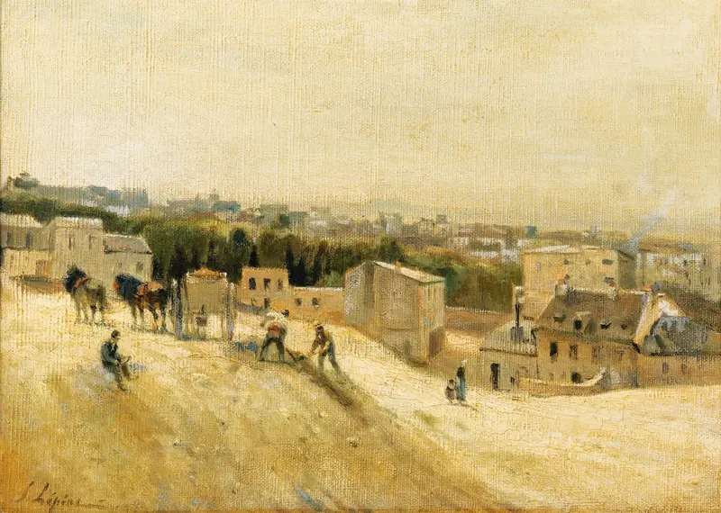 Les Terrassiers, Ancien Abreuvoir De Montmartre, oil on canvas by Stanislas Lépine showing sunlight through trees.
