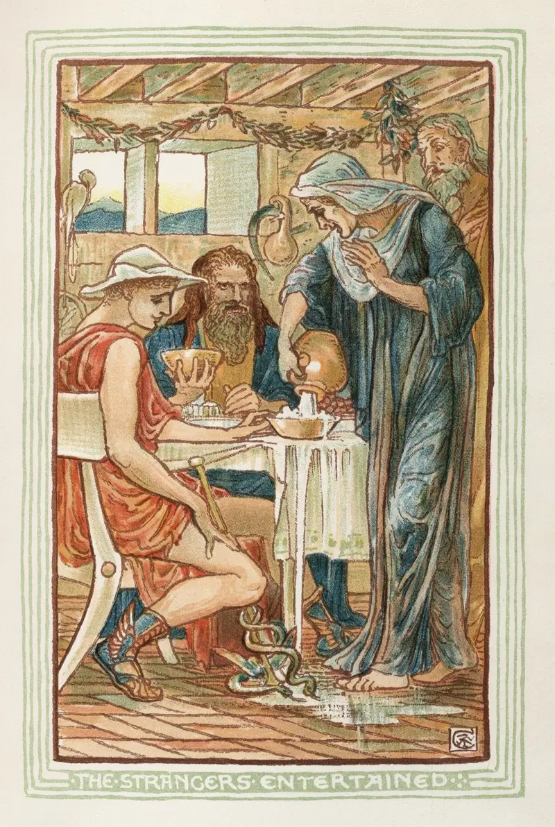 Walter Crane's 'The Strangers Entertained' depicts a lively gathering of figures in a vibrant setting.